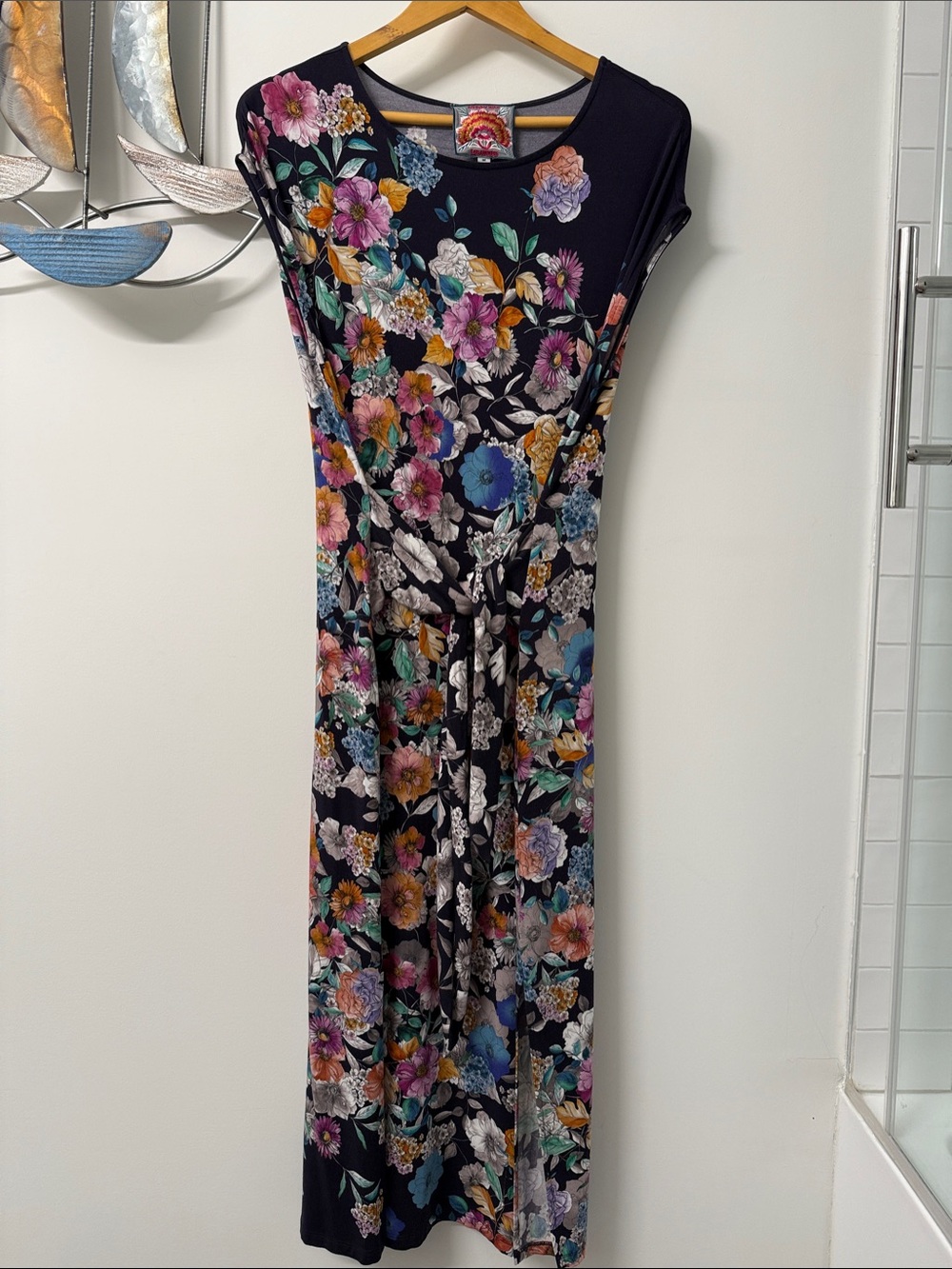 Johnny Was Navy Floral Tie-Waist Maxi Dress